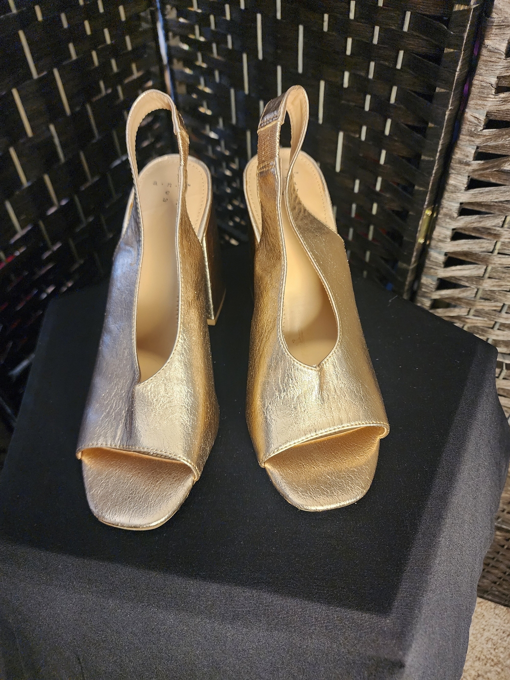 a new day Metallic Gold/Bronze Slingback Peep-Toe Block Heels. (B1)